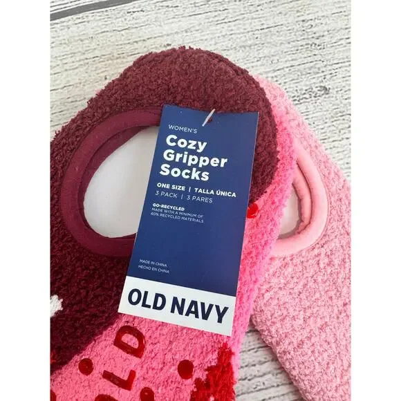 Old Navy Women's Cozy Pink & Maroon 3pk Gripper Socks One Size - Picture 3 of 4